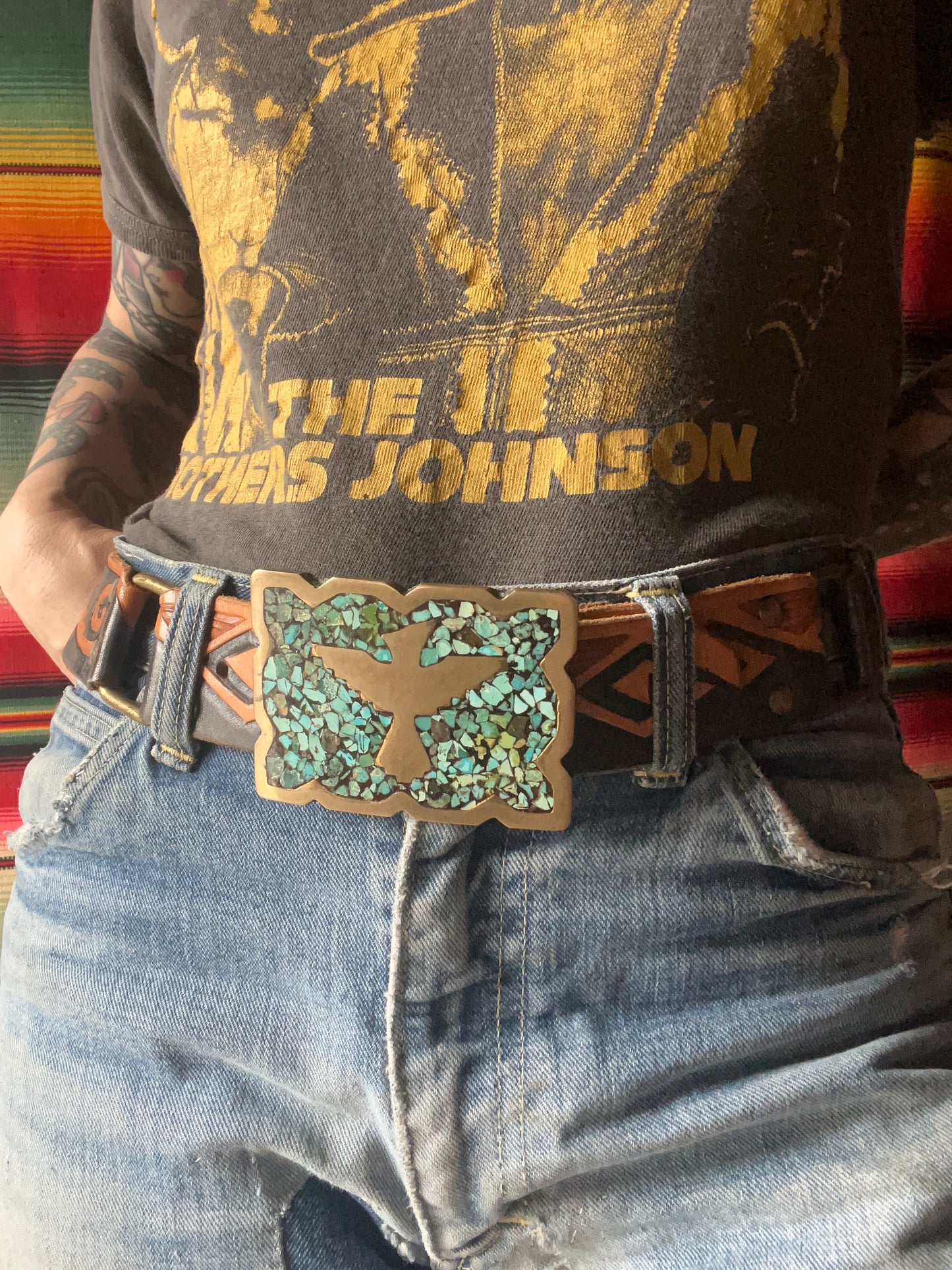 60s Crushed Turquoise Brass Belt Buckle