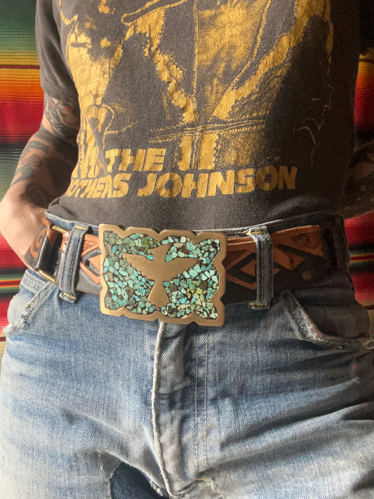 60s Crushed Turquoise Brass Belt Buckle