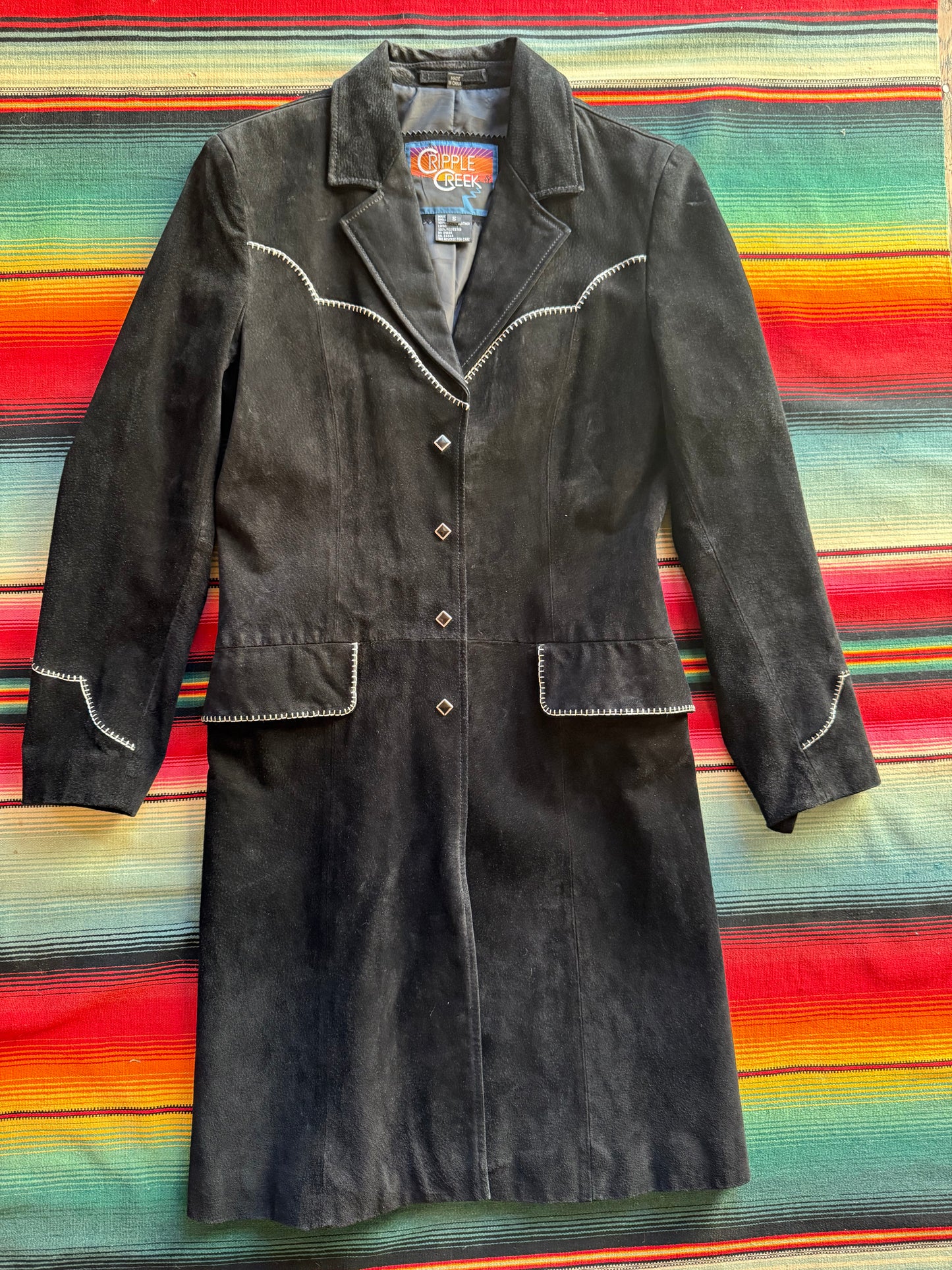 Vtg Cripple Creek Black Suede Duster