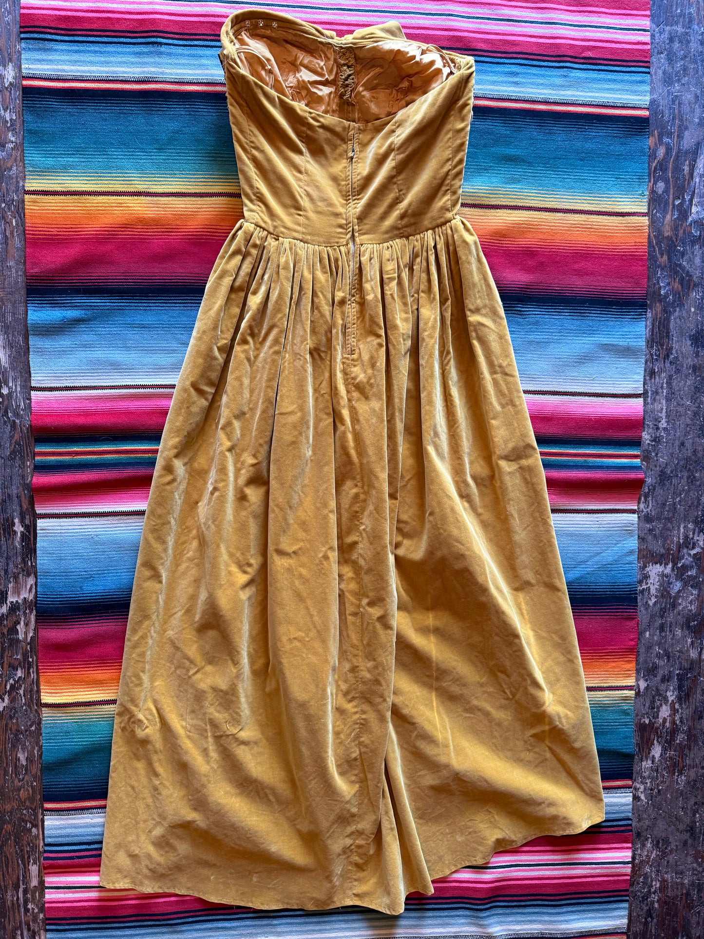 1950s Gold Velvet Strapless Dress