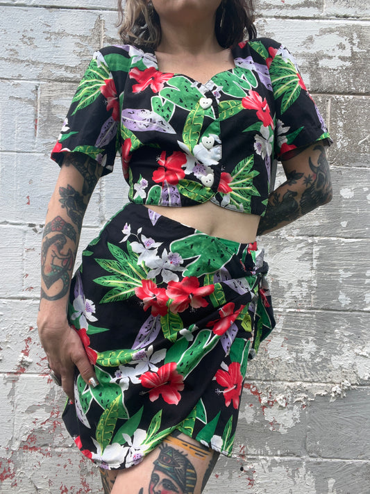 1980s Tropical Skirt Set w/ Heart Buttons