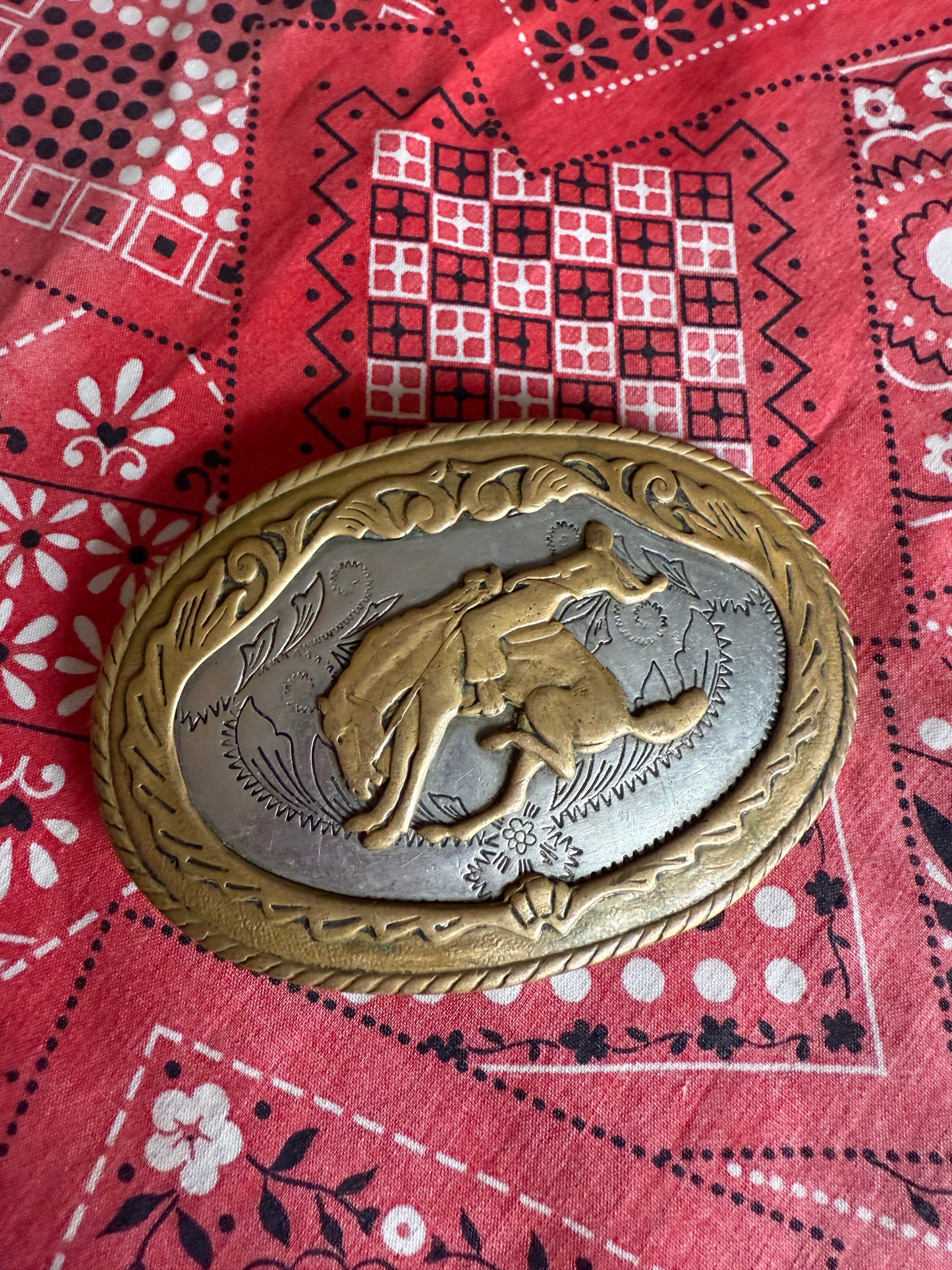Vintage German Silver bucking bronco and rider belt buckle (MA)