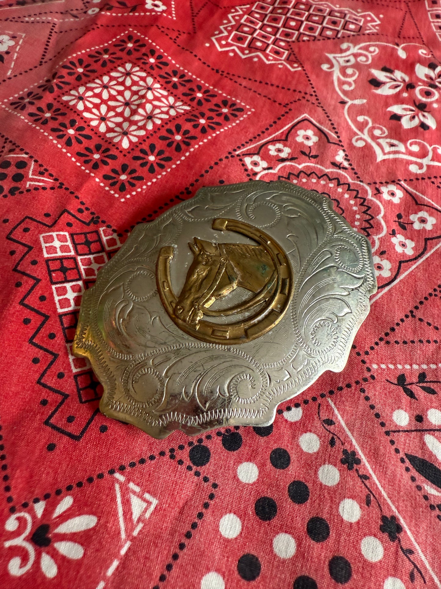 Vintage Nickel Silver Horse Head and Shoe belt buckle (MA)
