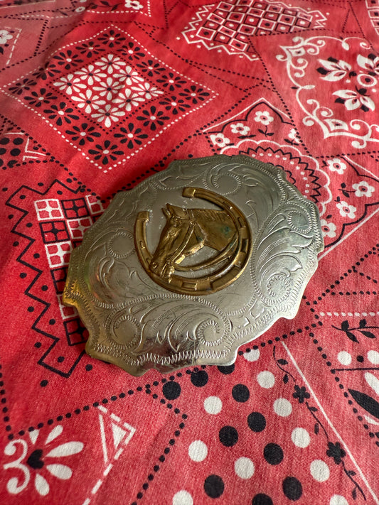 Vintage Nickel Silver Horse Head and Shoe belt buckle (MA)