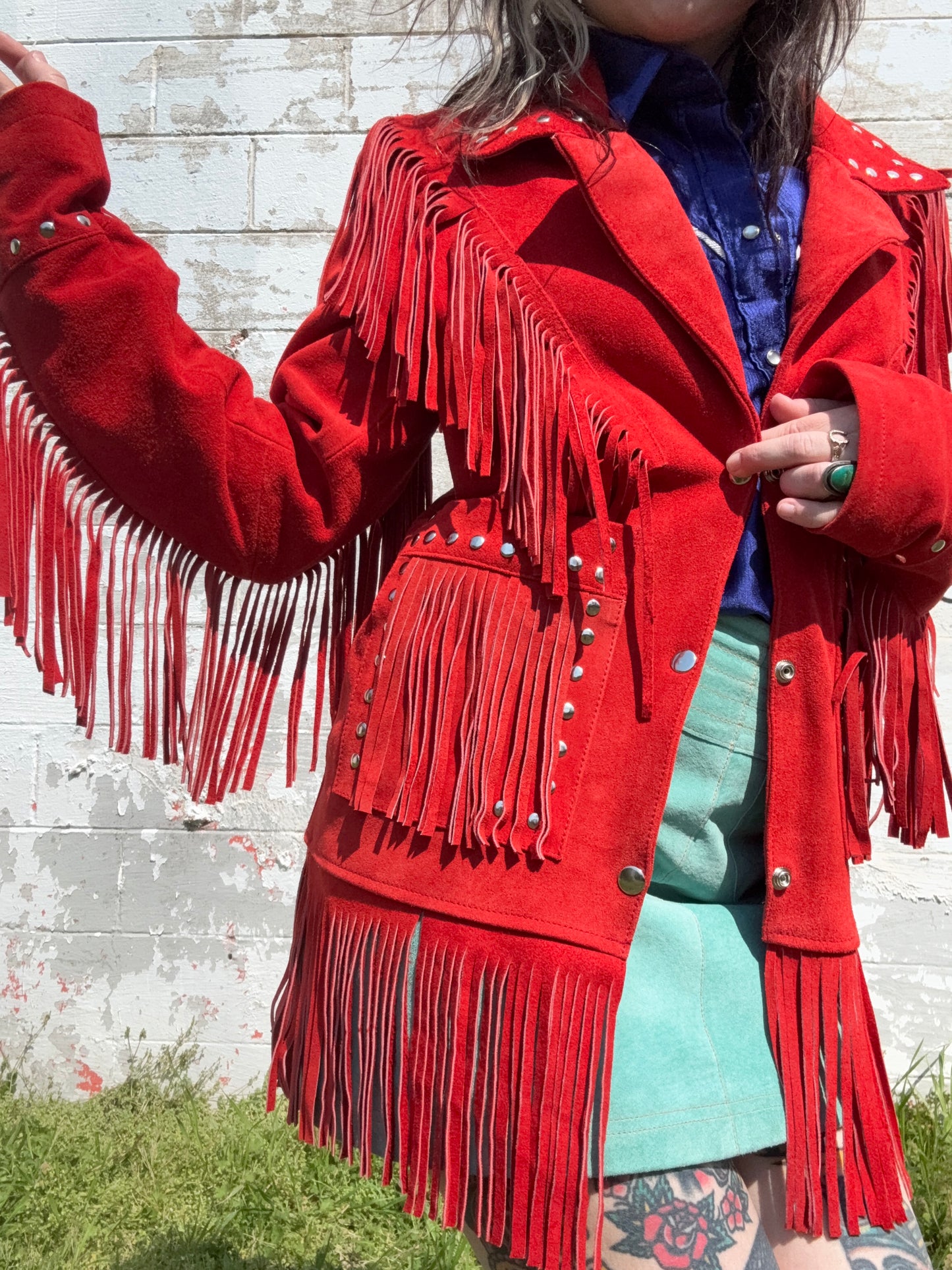 1990s Mint Condition Red Suede & Fringed Jacket Sizes L and XL (LR)