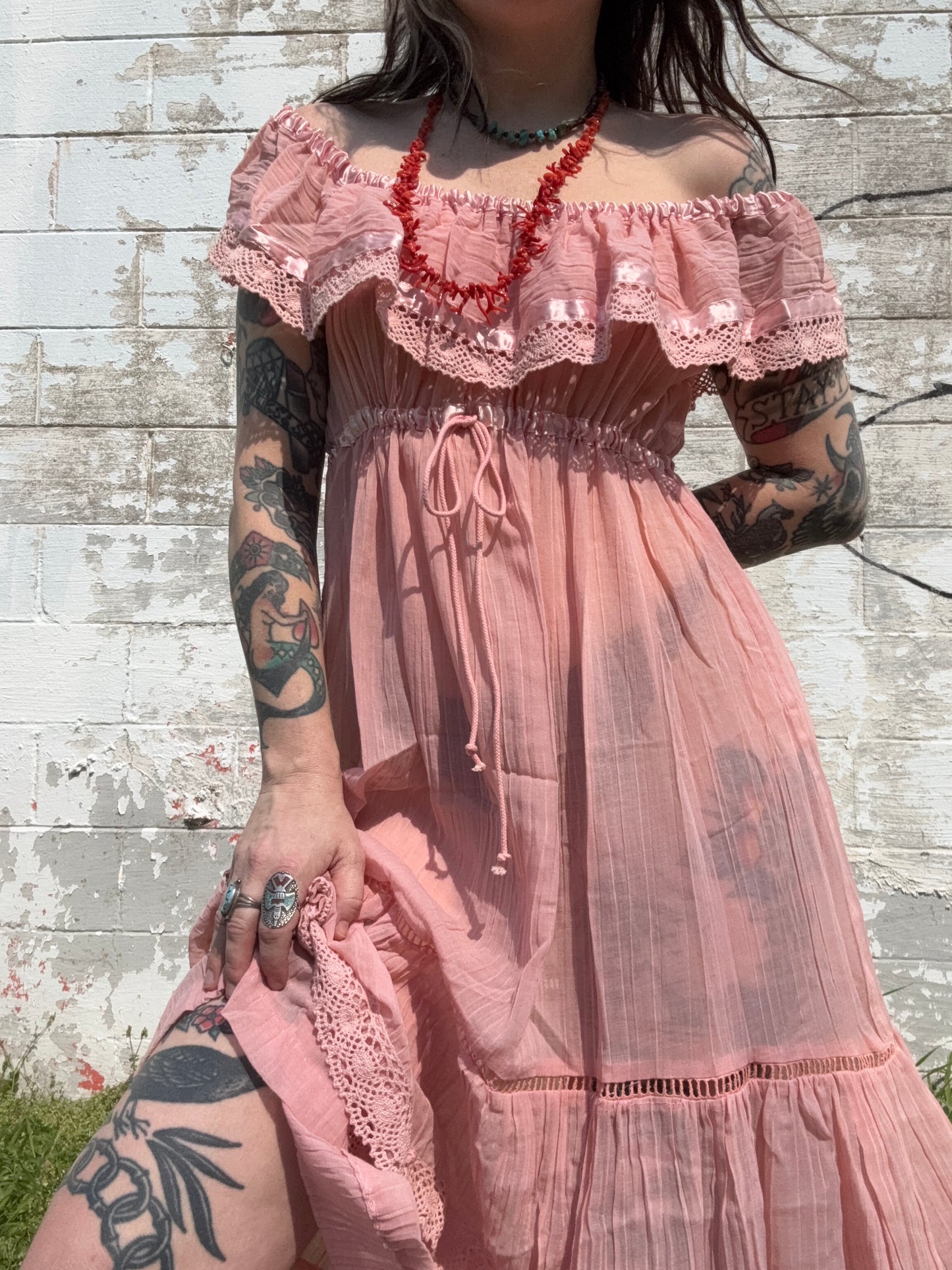 1970s Young Edwardian Bohemian Midi Dress (LR)