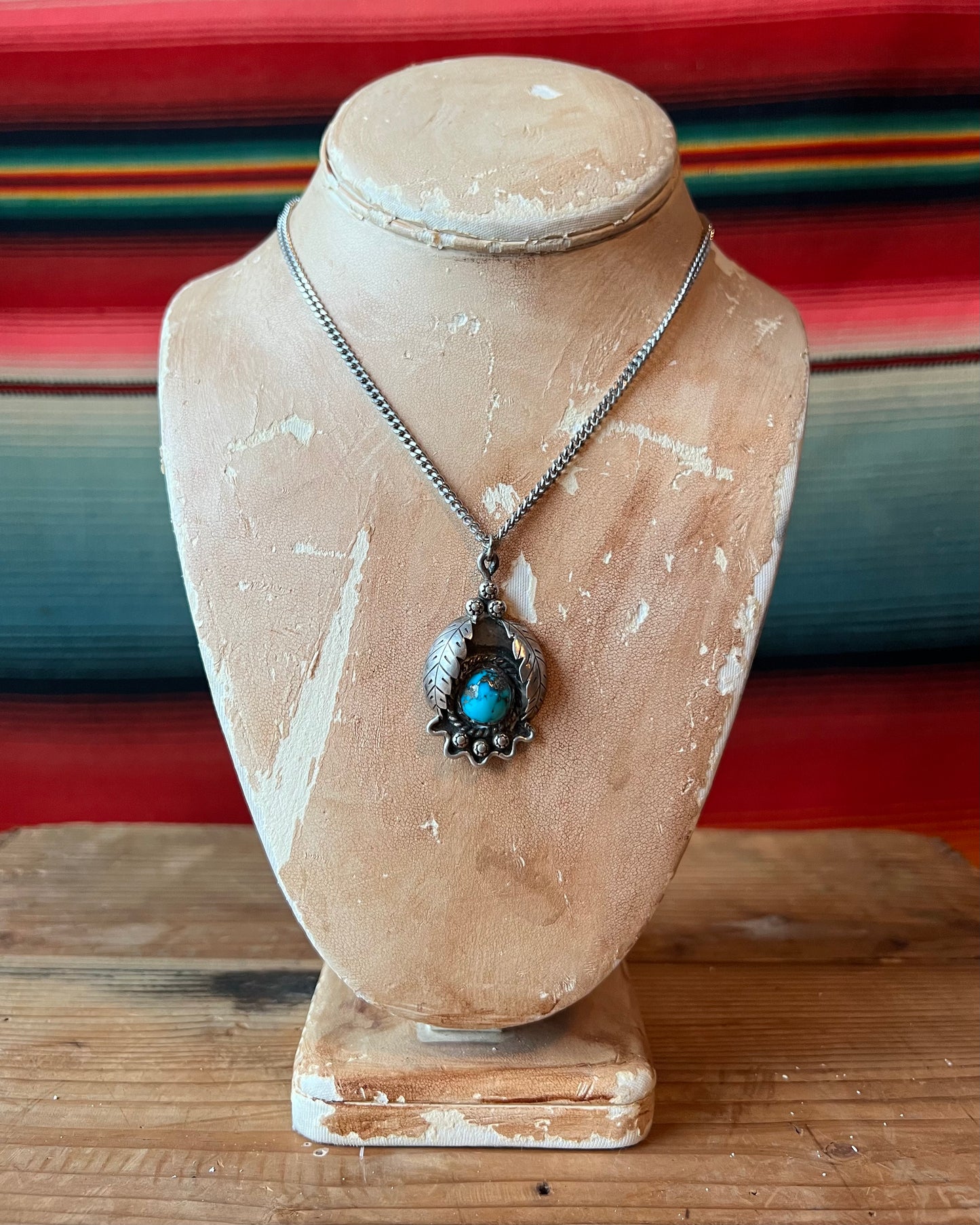 Vintage Sterling and Turquoise Charm with Curb Link Sterling Necklace (MA)