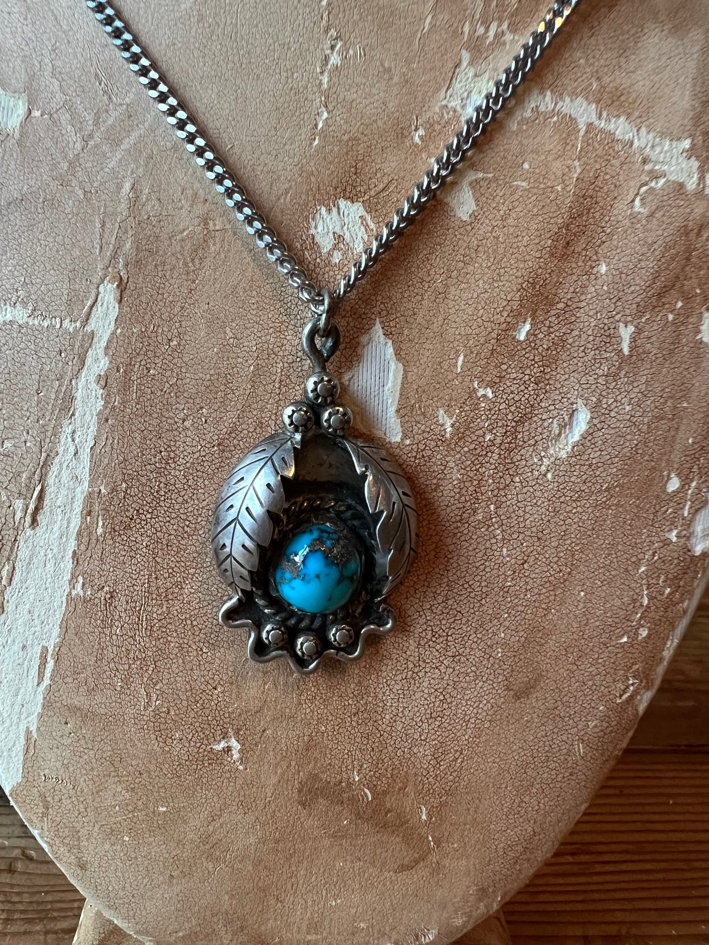Vintage Sterling and Turquoise Charm with Curb Link Sterling Necklace (MA)
