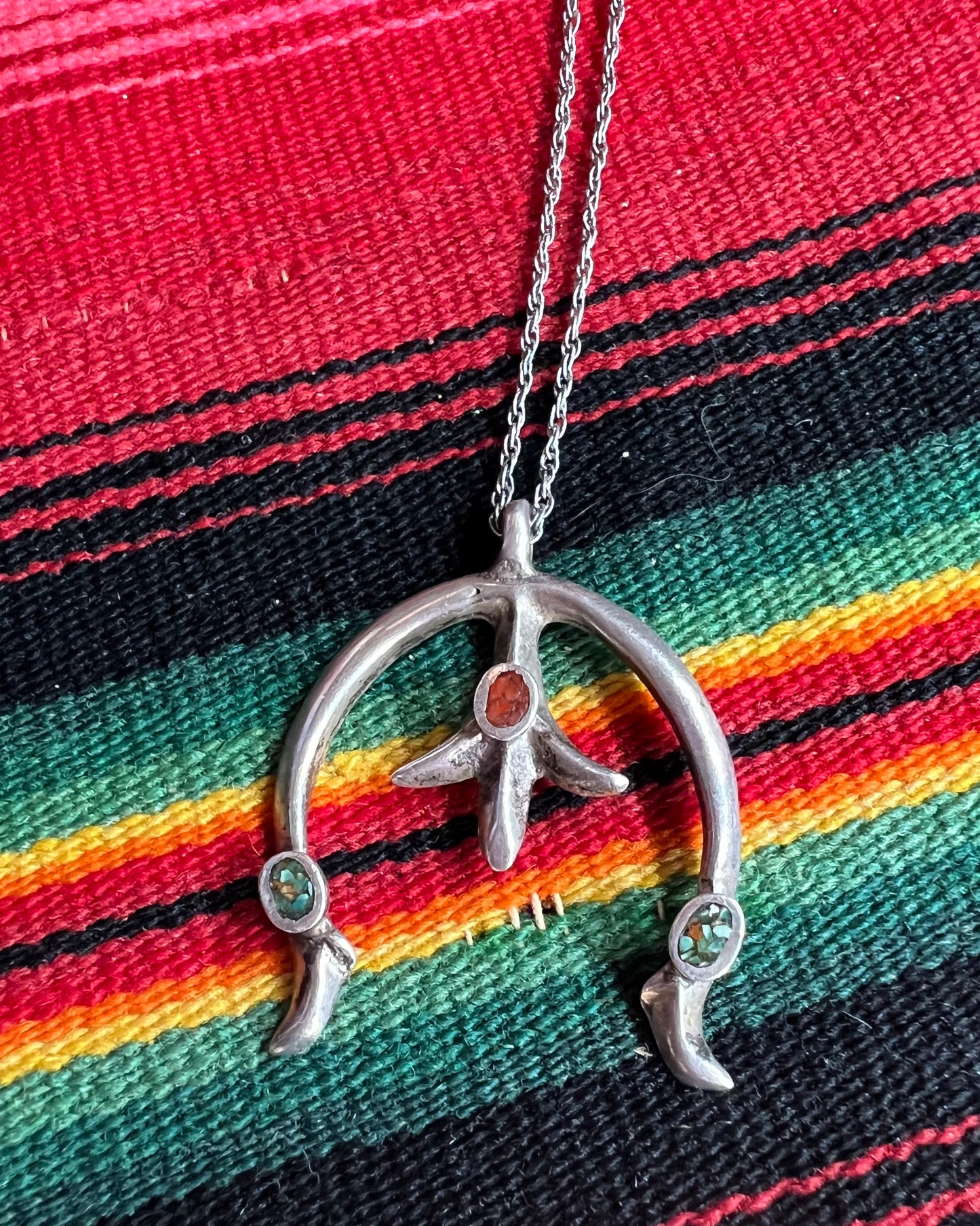 Crushed Turquoise and Coral Naja Charm with Sterling Chain (MA)