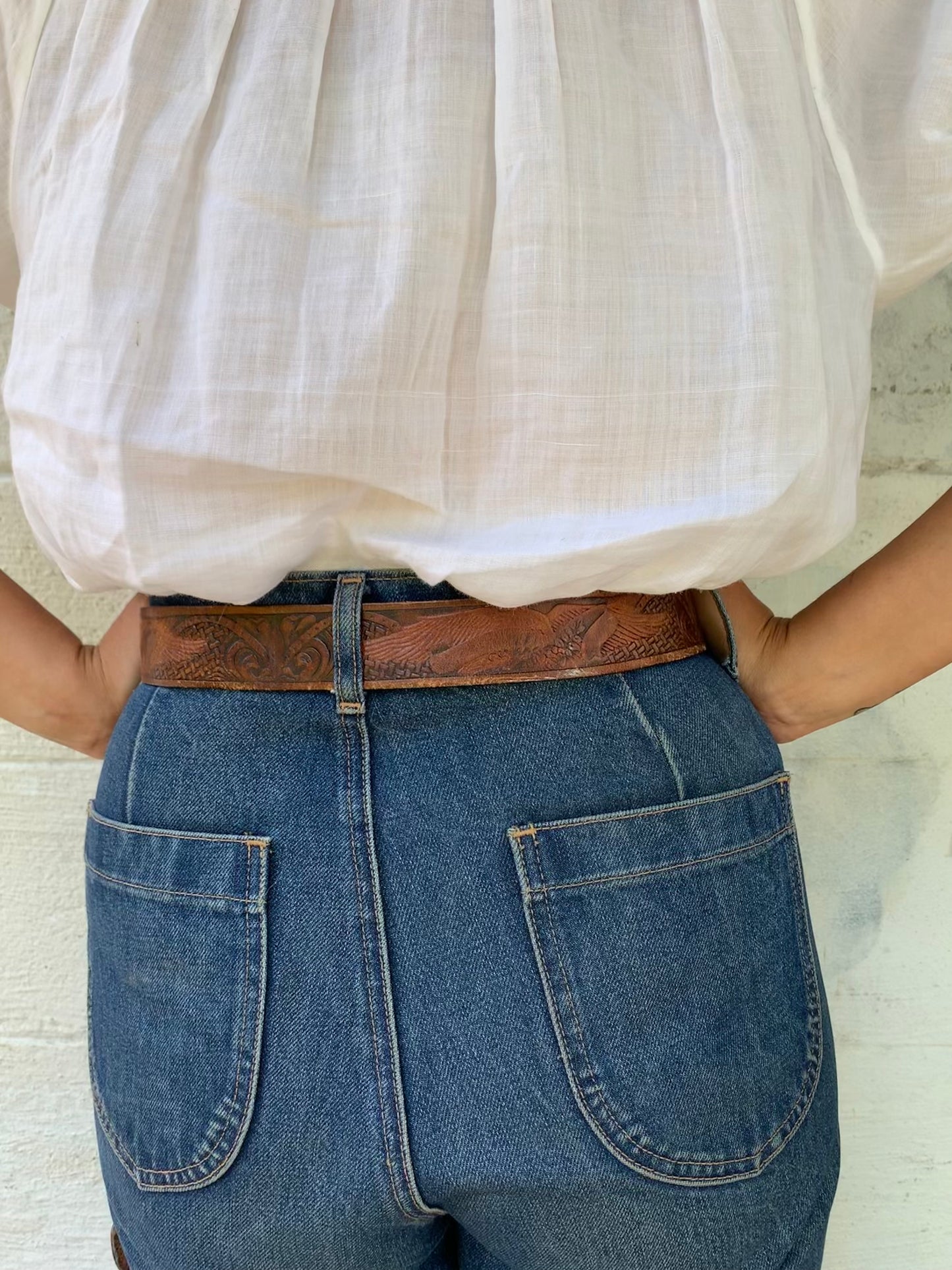 Brown Tooled Leather Belt with Eagle Design