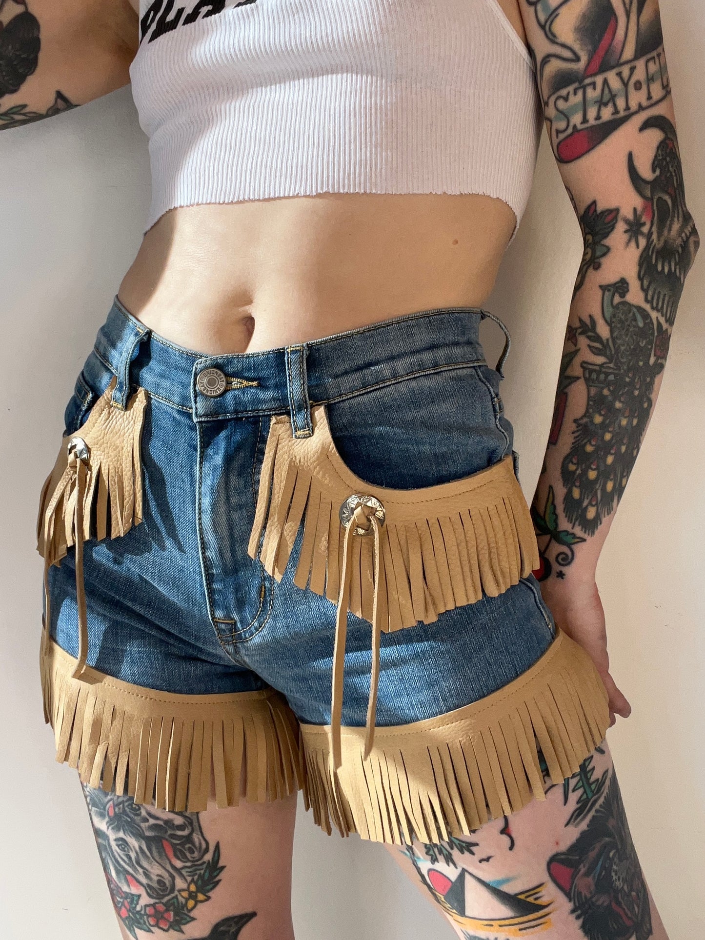 Fringe and Concho Denim Shorts