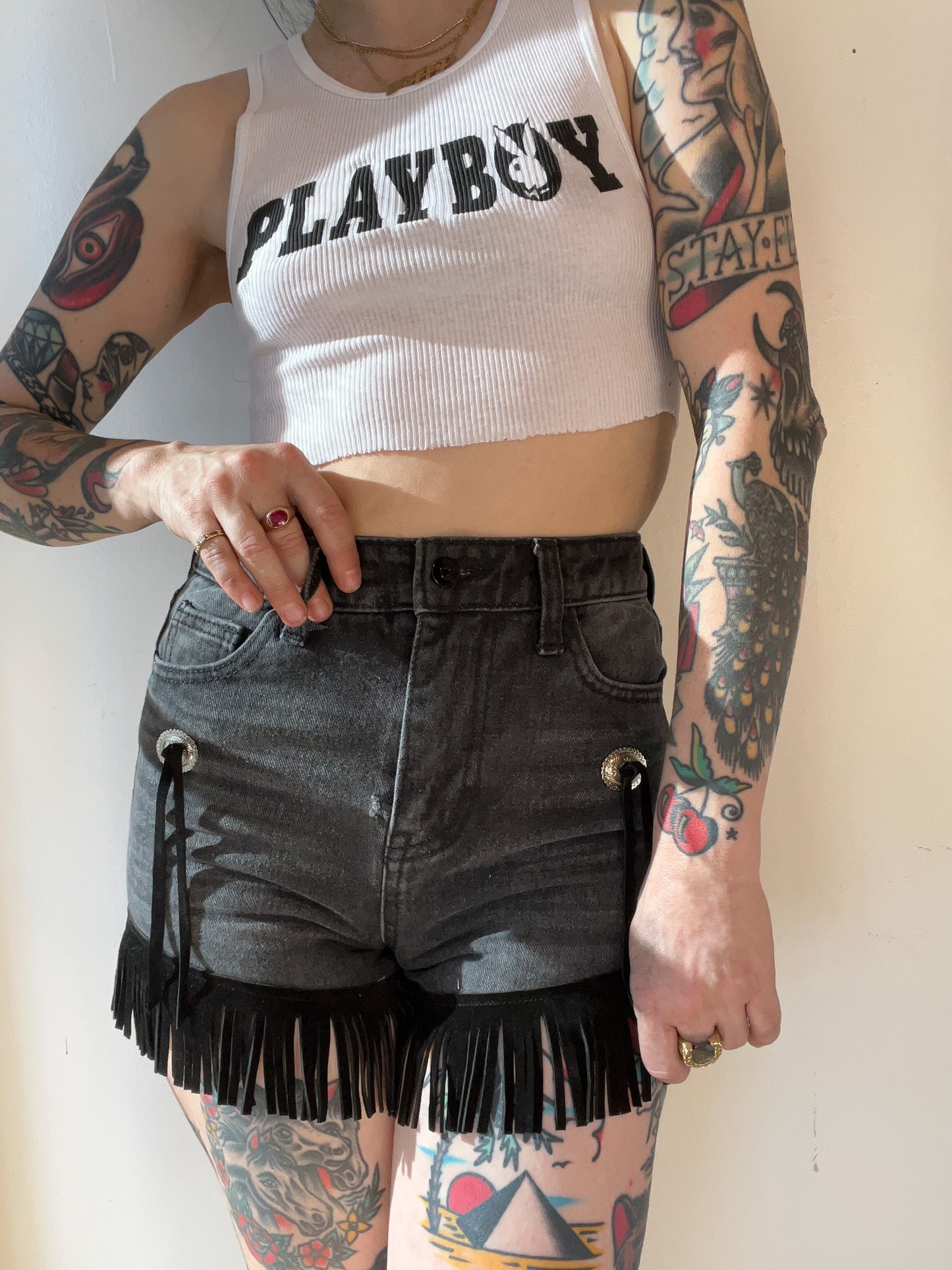 Fringe and Concho Denim Shorts