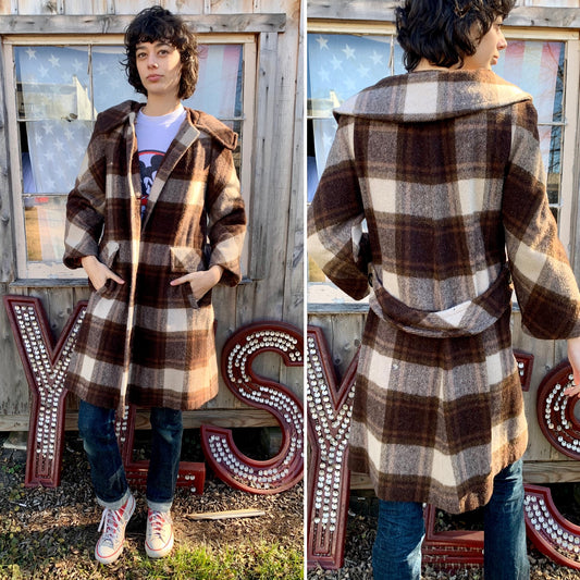 1960s Brown Plaid Wool Coat (S)