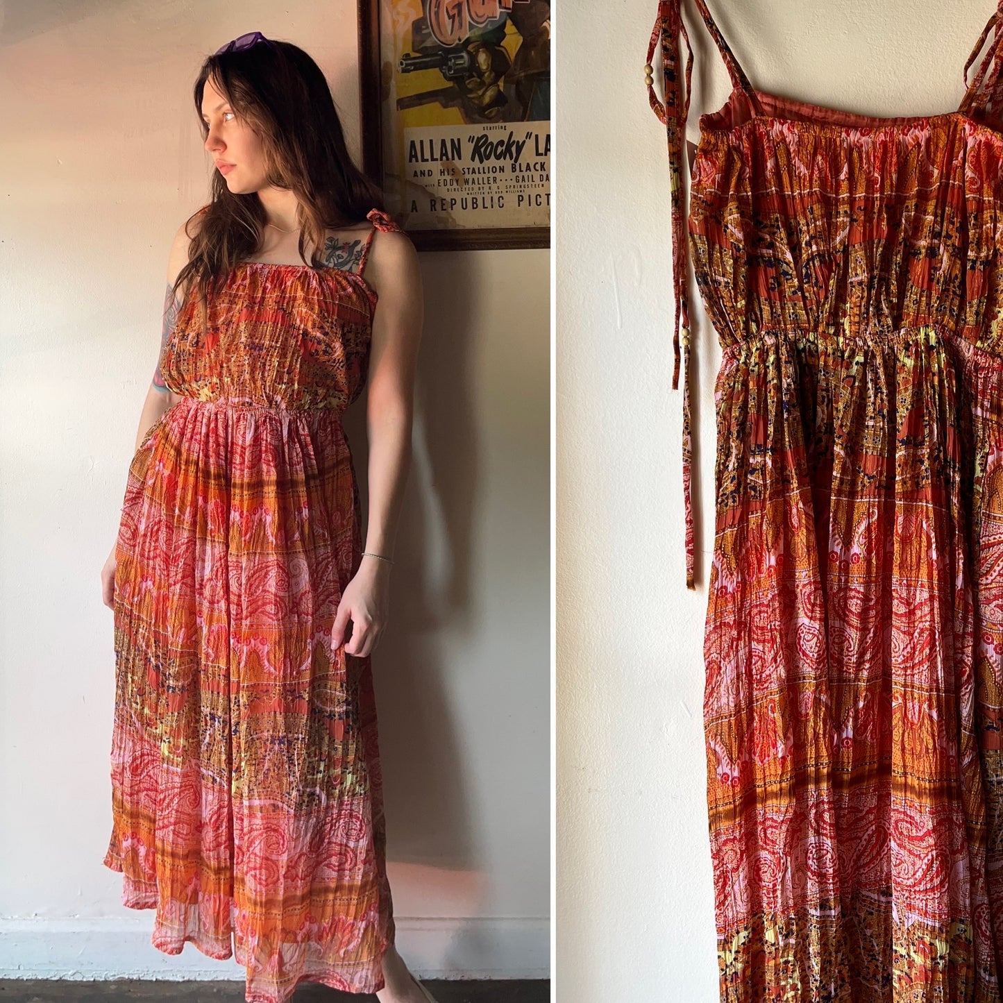 Vintage Gauzy Metallic Paisley Summer Dress (S)