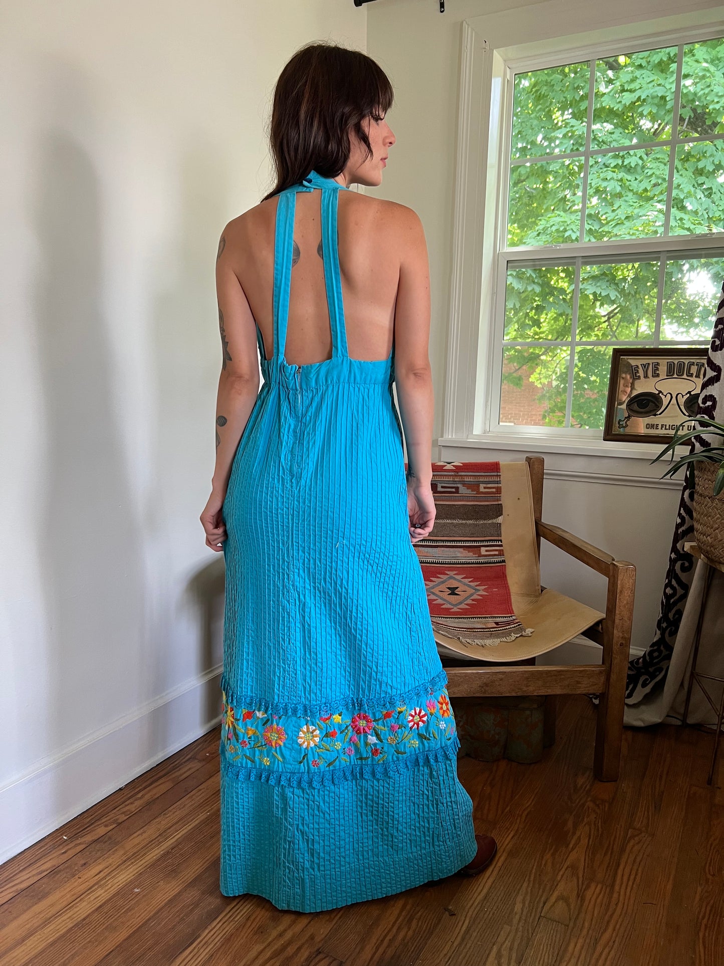 1970s Turquoise Floral Embroidered Halter Dress (S)