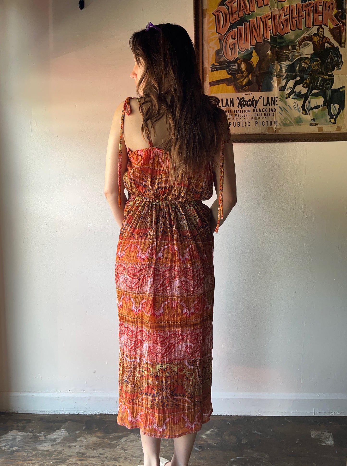 Vintage Gauzy Metallic Paisley Summer Dress (S)