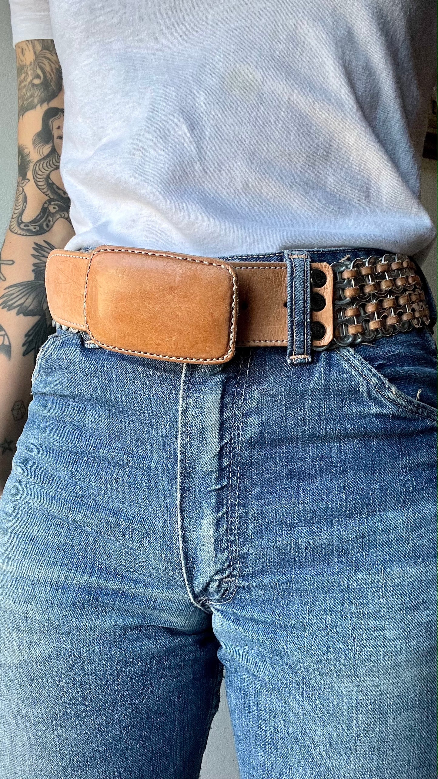 Vintage Handmade Can Tab & Leather Belt 36-40"W