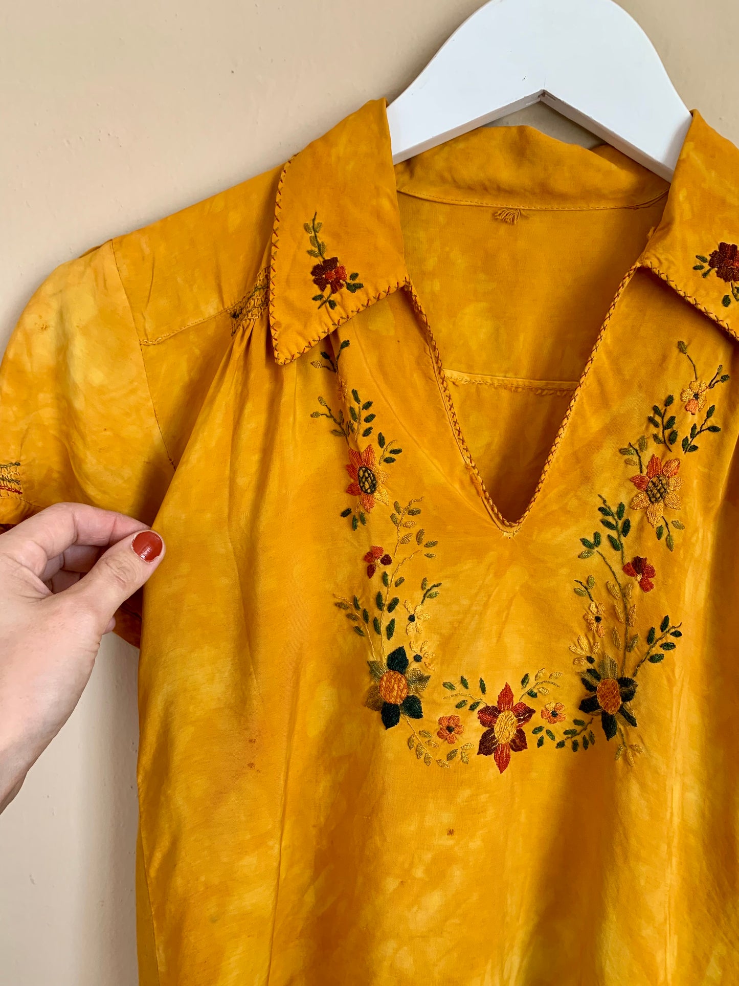 1930s Marigold Silk Hungarian Embroidered Blouse -as is- (XS)
