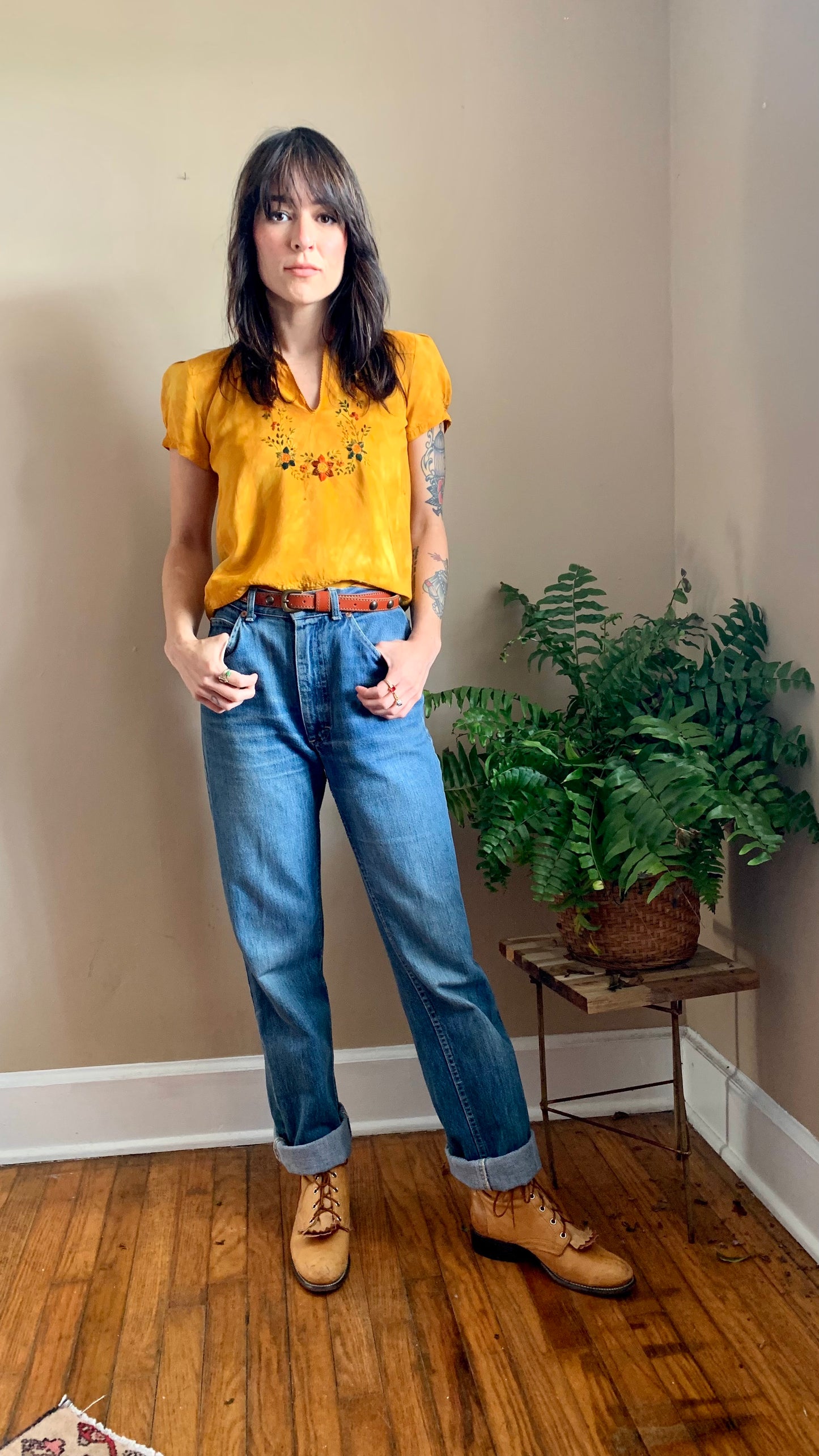 1930s Marigold Silk Hungarian Embroidered Blouse -as is- (XS)