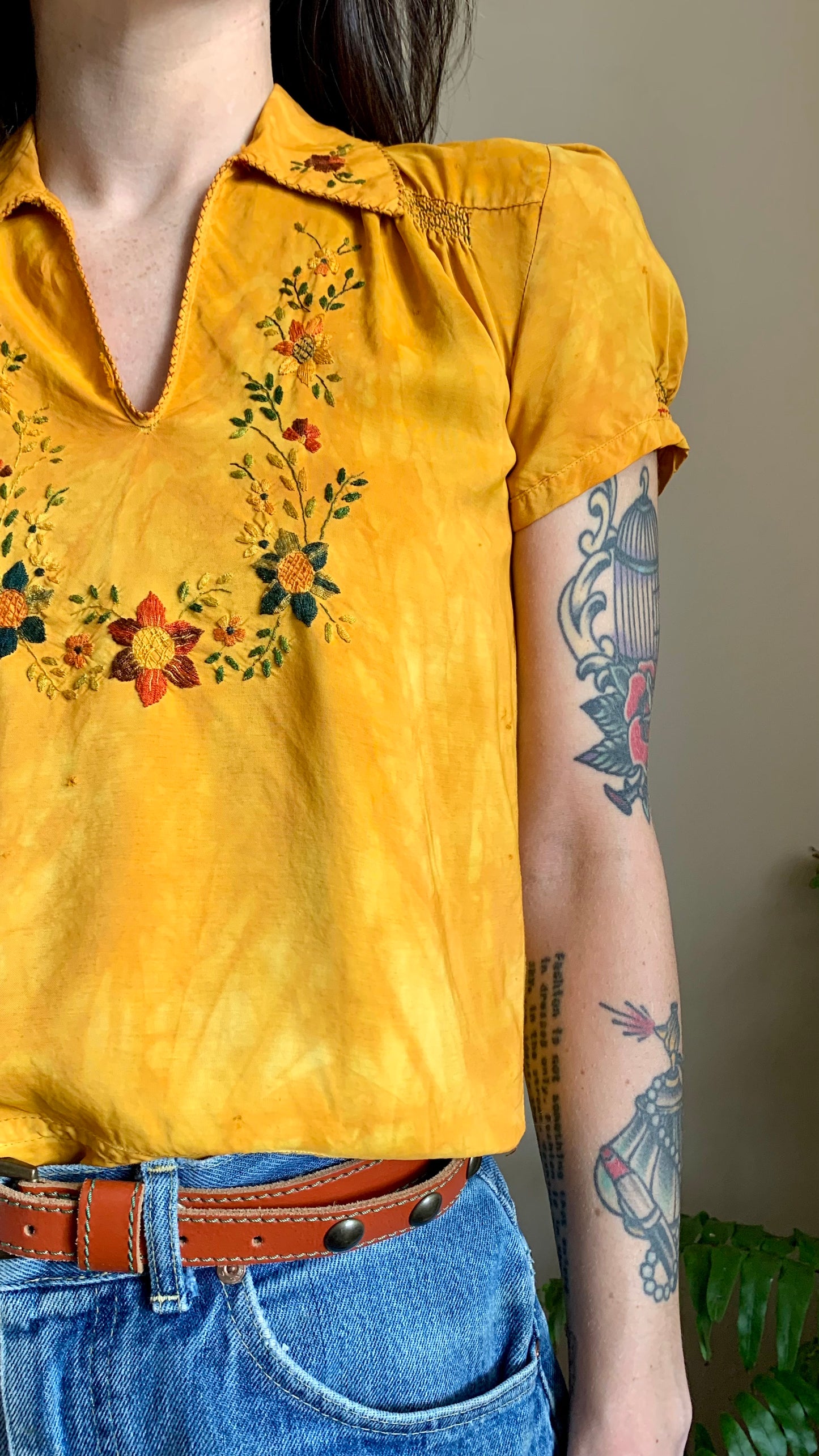 1930s Marigold Silk Hungarian Embroidered Blouse -as is- (XS)