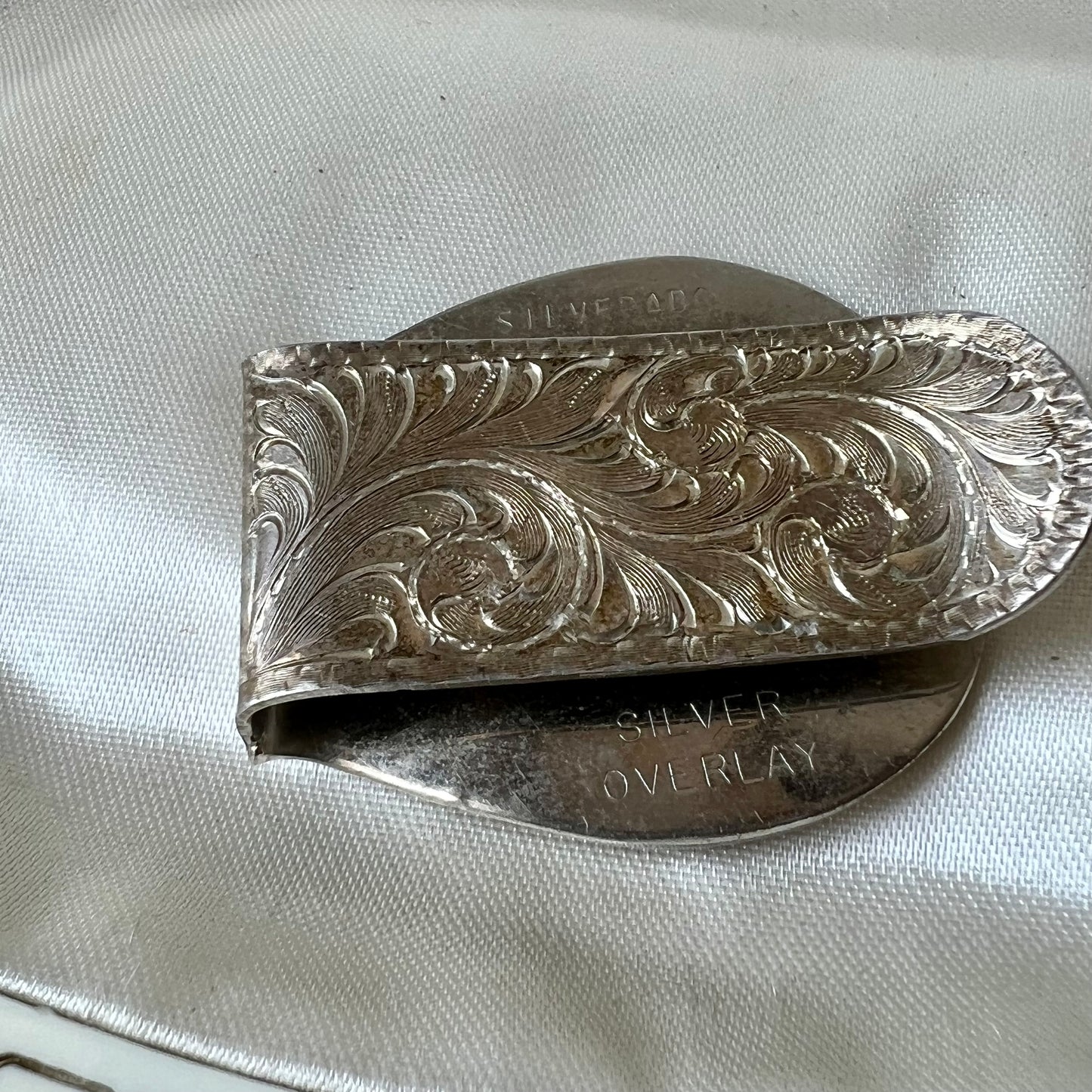 Vtg. Silver Plated Etched Stallion Money Clip