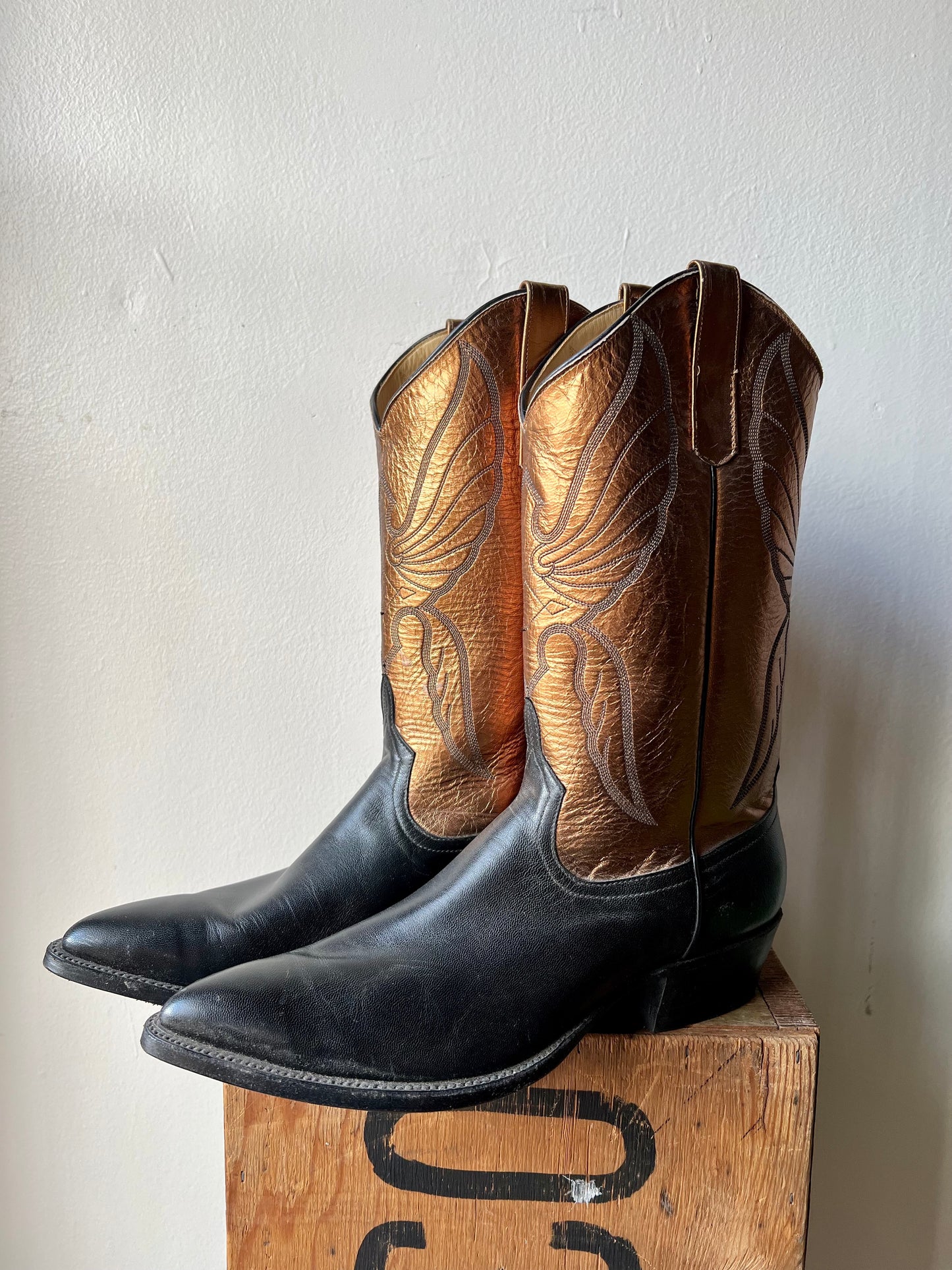 Vintage Anderson Bean Black & Bronze Metallic Cowboy Boots / men's 10