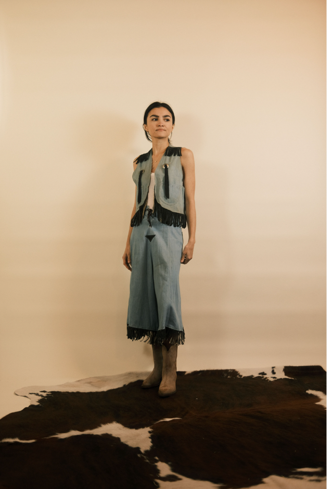 60's Pioneer Wear Denim and Suede Fringe Culotte and Vest Set