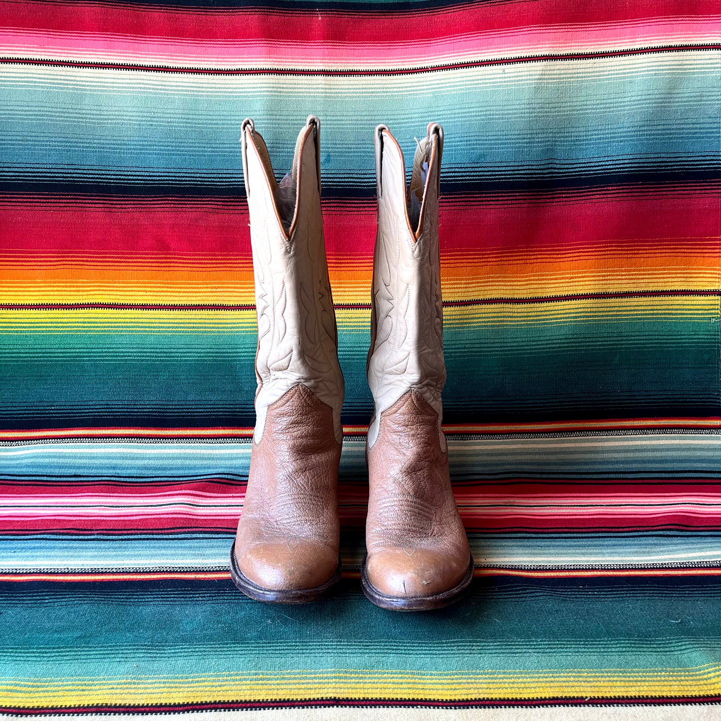 Womens Vintage Sanders Tan Bullhide / Brown Leather Cowboy Boots 8B