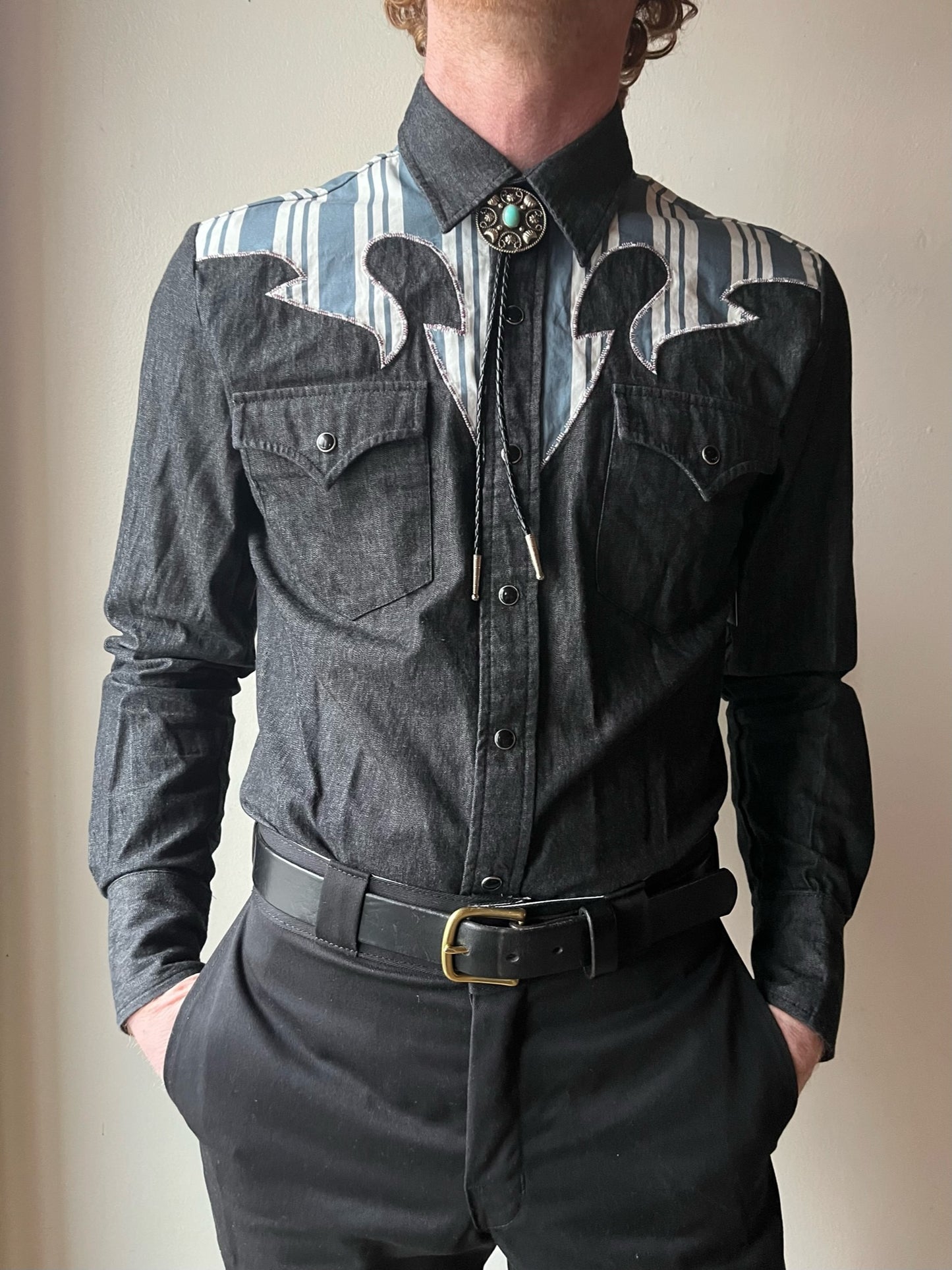 Dark Denim H Bar C Shirt w/ Stripe Appliqué (M)