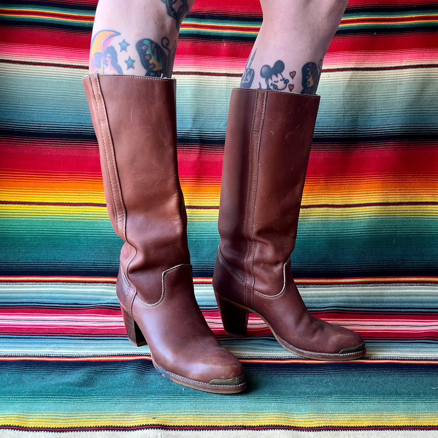 Vintage ZODIAC Tall Stacked Heel Reddish Brown Leather Boots Size 8 N