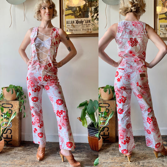 1960s Red & White Floral Grommet 2-pc Pantsuit (XS/S)