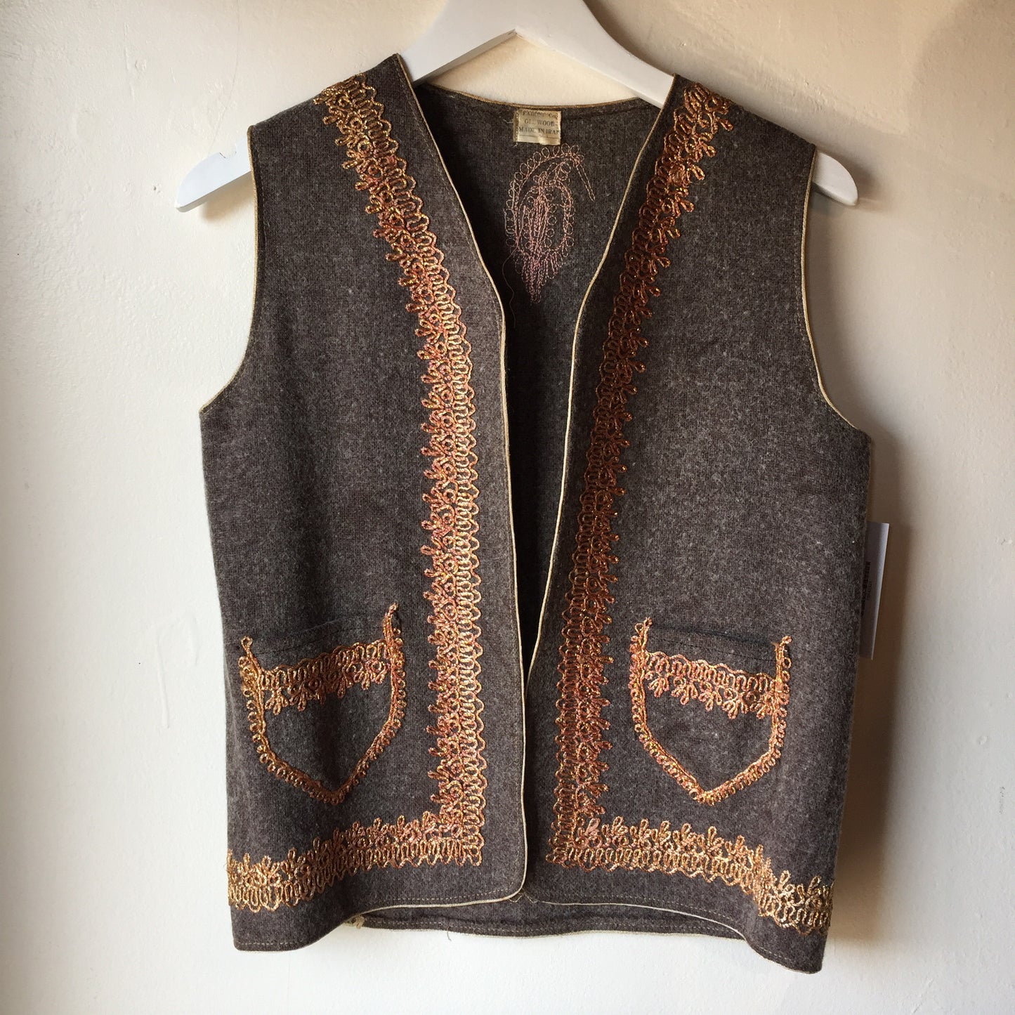 Vintage Iranian Wool Vest with Gold Embroidery (M)