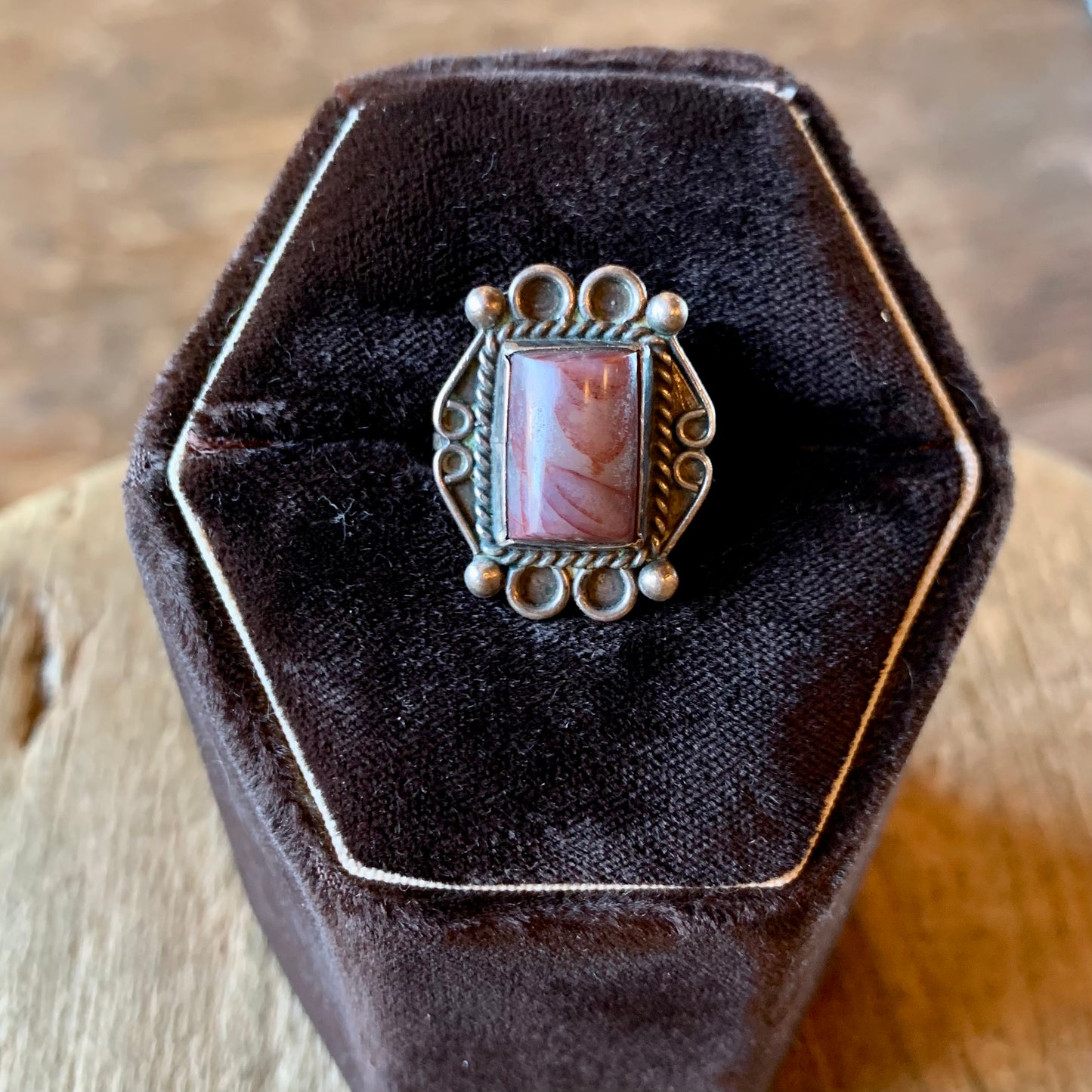 Sterling Silver Ring w/ Rectangle Swirly Stone