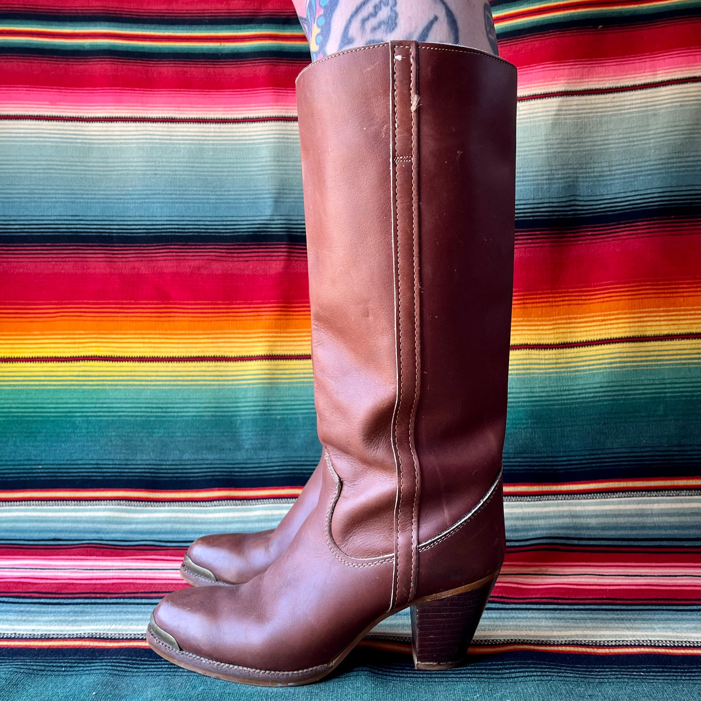 Vintage ZODIAC Tall Stacked Heel Reddish Brown Leather Boots Size 8 N