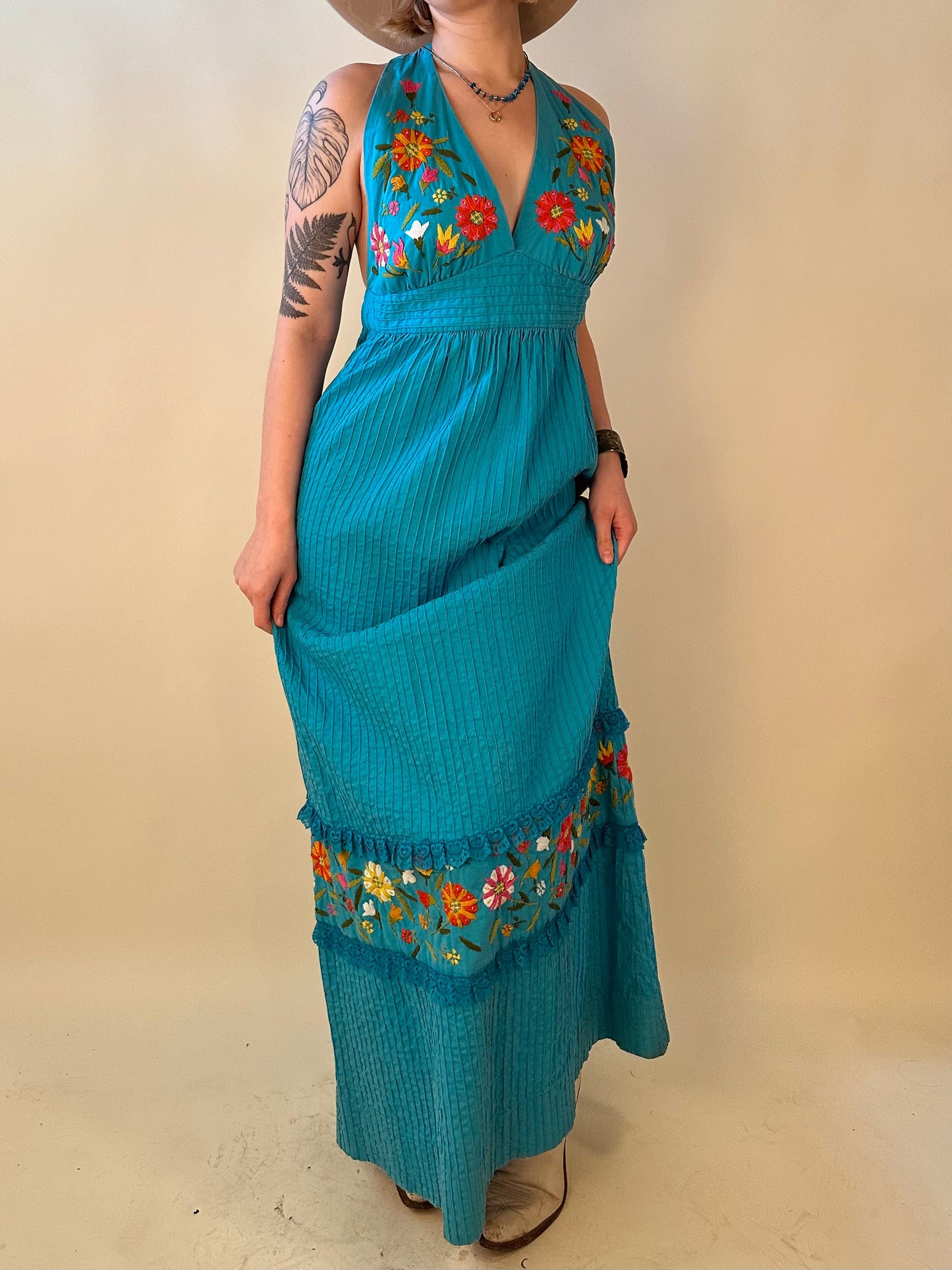 1970s Turquoise Floral Embroidered Halter Dress (S)