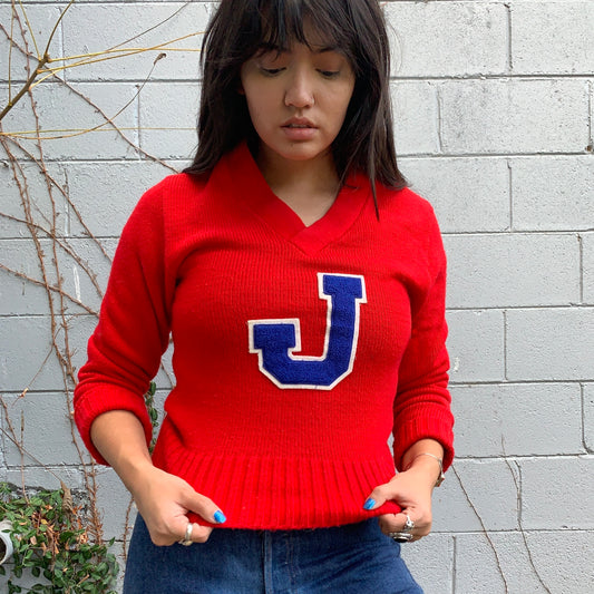 Red Athletic "J" V Neck Sweater (M)
