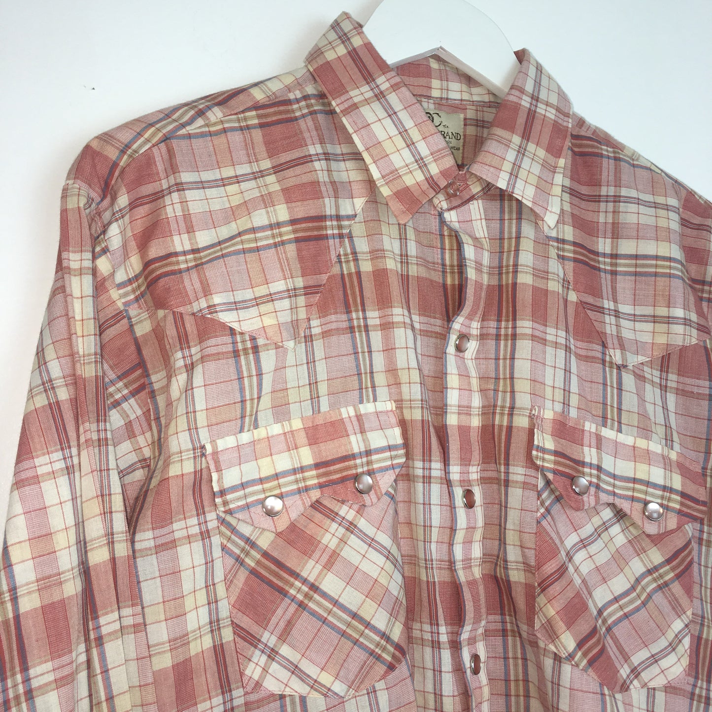 Vtg. Soft Salmon Plaid Dee Cee Pearl Snap Shirt
