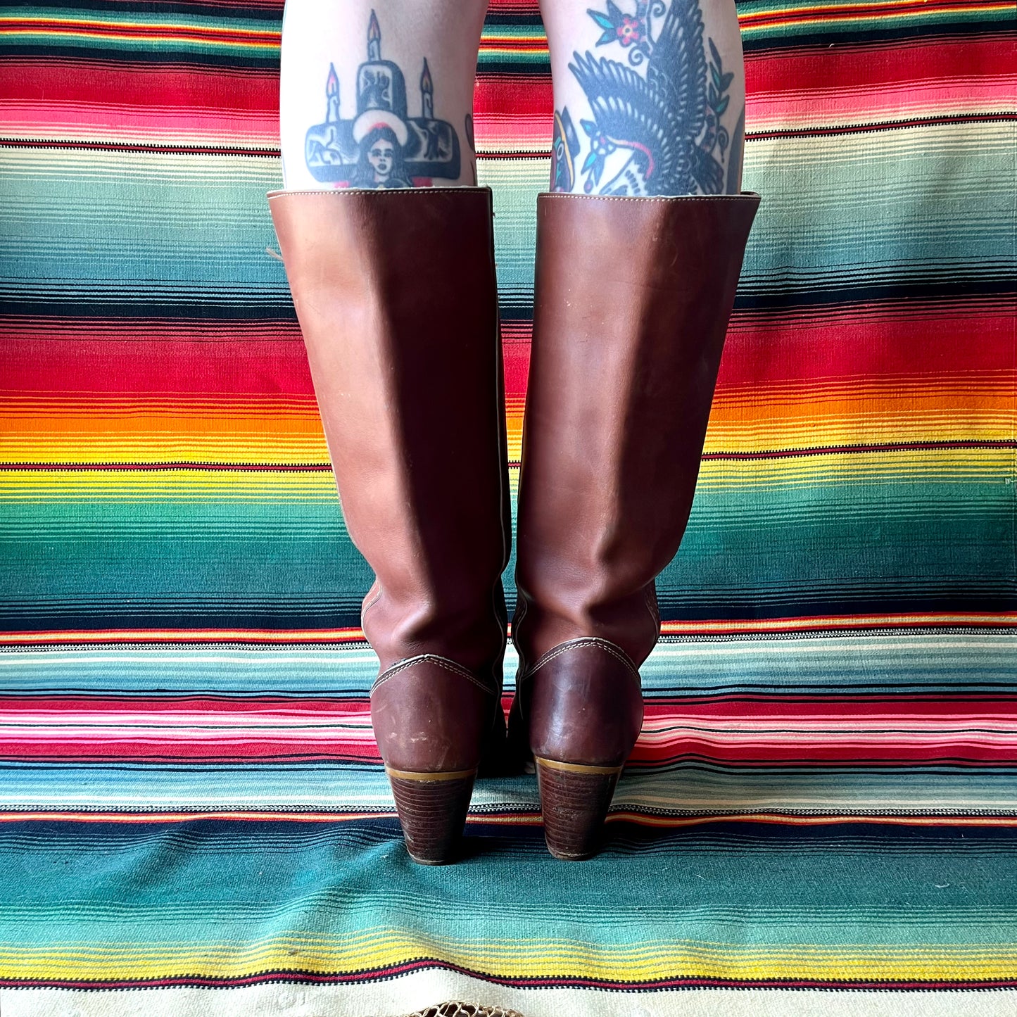 Vintage ZODIAC Tall Stacked Heel Reddish Brown Leather Boots Size 8 N