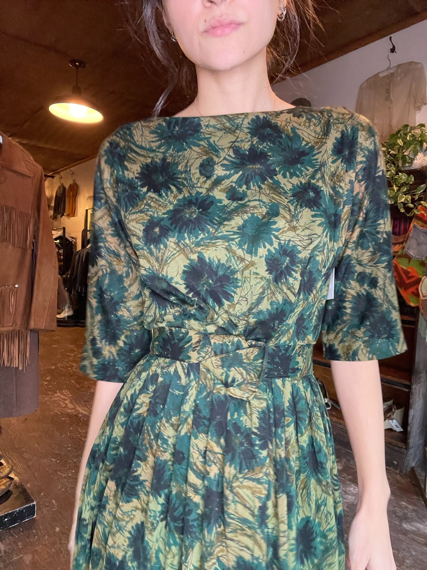 Giselle New York Dark Green Floral Button Up Dress w/ Belt (S)