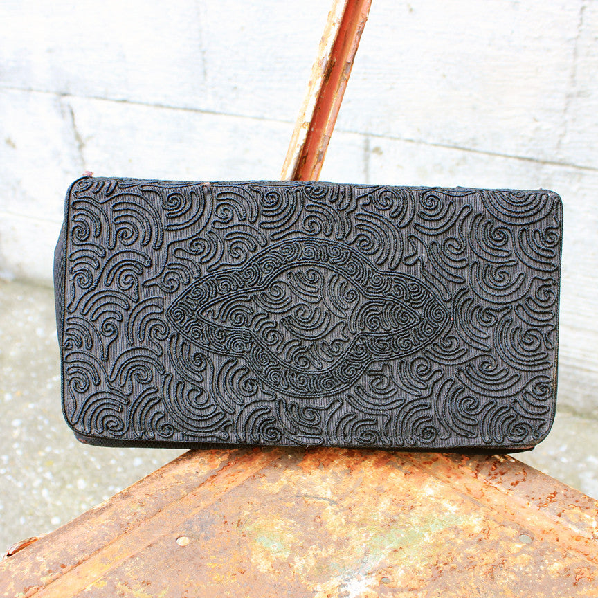 Vtg.Black Embroidered Saturn Pattern Clutch